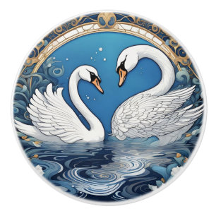 Bouton De Porte En Céramique Cygnes blancs sur le lac Art Nouveau Oiseau Art Dé