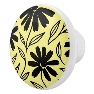 Bouton De Porte En Céramique Daisies à l'encre noire Jaune Boho