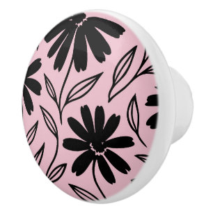 Bouton De Porte En Céramique Daisies à l'encre noire rose boho 