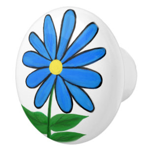 Bouton De Porte En Céramique Daisy Floral Jaune Bleu