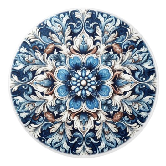 Bouton De Porte En Céramique Damas bleu Fleur Mandala (Devant)