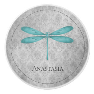 Bouton De Porte En Céramique Damas de libellule turquoise