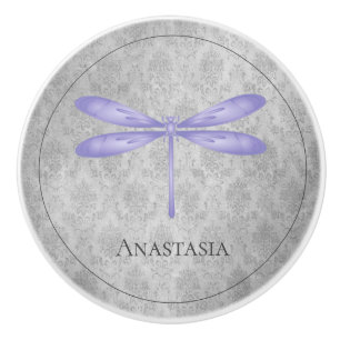 Bouton De Porte En Céramique Damas de libellule violette