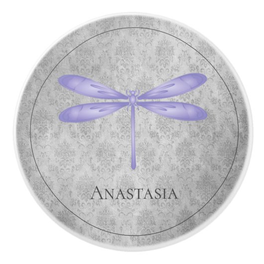 Bouton De Porte En Céramique Damas de libellule violette (Devant)