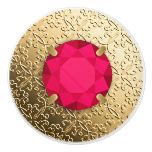 Bouton De Porte En Céramique Damas d'or avec gemstone en faux rubis
