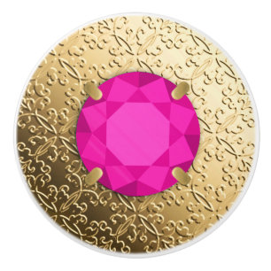 Bouton De Porte En Céramique Damas d'or avec un faux bijou tourmalin rose