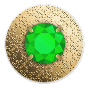 Bouton De Porte En Céramique Damas d'or avec une fausse pierre émeraude