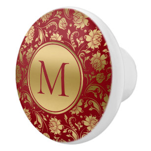 Bouton De Porte En Céramique Damas vintages or et bordeaux Monogramme