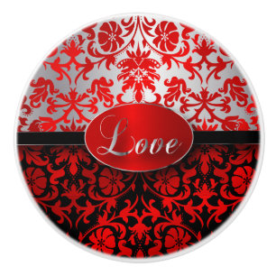 Bouton De Porte En Céramique Damassé rouge, noire, argentée élégante