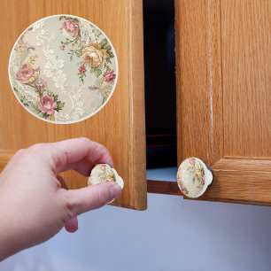 Bouton De Porte En Céramique Dantelles et Roses Vintage