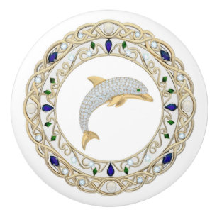 Bouton De Porte En Céramique Dauphin cristal or 2Dgraphique océan mer marine
