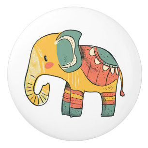 Bouton De Porte En Céramique Décor d'éléphant de caricature coloré mignon