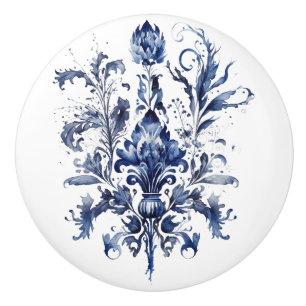 Bouton De Porte En Céramique Décor Delft bleu et blanc avec fleurs