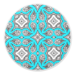 Bouton De Porte En Céramique Décoration en mandala noir et bleu Aqua