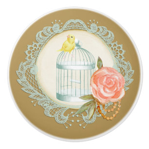 Bouton De Porte En Céramique Dentelle victorienne Roses Gold Birdcage Canary Kn
