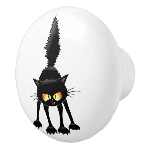 Bouton De Porte En Céramique Dessin animé de chat noir drôle et féroce 