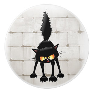 Bouton De Porte En Céramique Dessin animé de chat noir drôle et féroce 