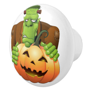 Bouton De Porte En Céramique Dessin de Frankenstein Monster avec Citrouille