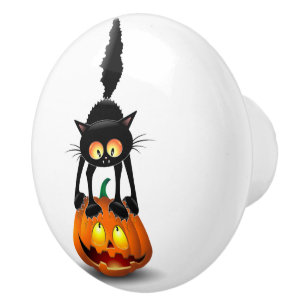 Bouton De Porte En Céramique Dessin d'Halloween au chat effrayé sur Citrouille