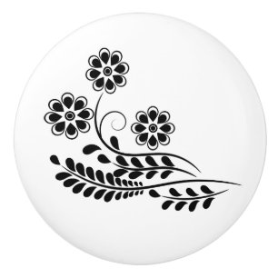 Bouton De Porte En Céramique Dessin floral noir et blanc