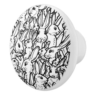 Bouton De Porte En Céramique Dessins de lapin noir et blanc mignons lapin uniqu