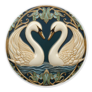 Bouton De Porte En Céramique Deux Cygnes Sur Le Lac Art Nouveau Décor Inspiré