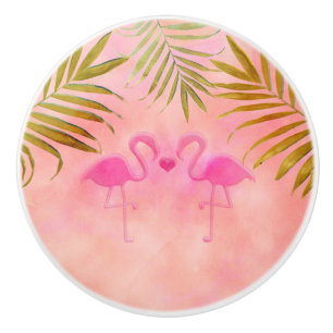 Bouton De Porte En Céramique Deux flamants roses élégants à la plage aquarelle