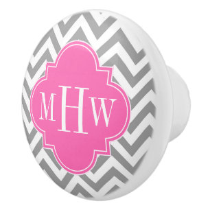 Bouton De Porte En Céramique Dk Gray Lg Chevron Hot Pink Quatrefoil 3 monogram