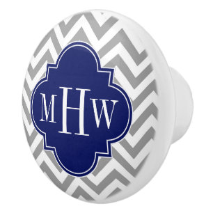 Bouton De Porte En Céramique Dk Grey Lg Chevron Navy Quatrefoil 3 Monogramme