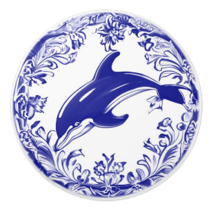 Bouton De Porte En Céramique Dolphin Marine Bleu et Blanc Océan Laissé face