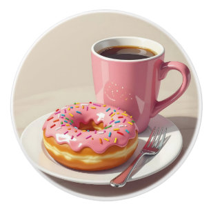 Bouton De Porte En Céramique Donut glaçé rose et tasse de café
