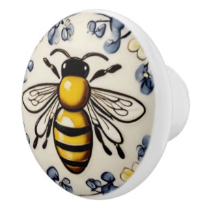 Bouton De Porte En Céramique Douce Abeille Bleue Jaune Méditerranéenne