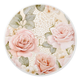 Bouton De Porte En Céramique Douce Mariée Fleurs Roses Blush