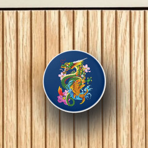 Bouton De Porte En Céramique Dragon chinois vert Koi