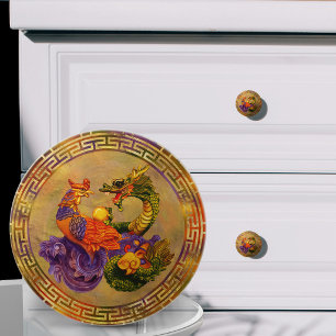 Bouton De Porte En Céramique Dragon et Phoenix Inspiration Asiatique