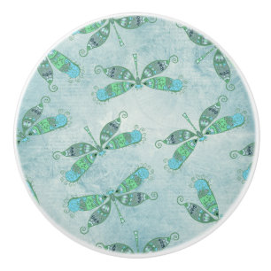 Bouton De Porte En Céramique Dragonflies Boho en bleu