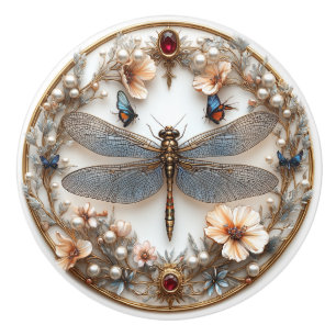 Bouton De Porte En Céramique Dragonfly Art Déco Turquoise Pearles Gems
