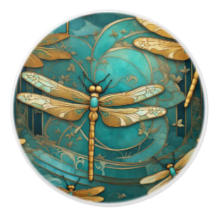 Bouton De Porte En Céramique Dragonfly Art Nouveau Art Déco Insectes Turquoise