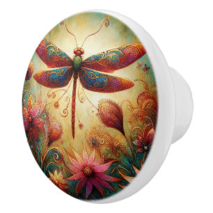 Bouton De Porte En Céramique Dragonfly lunaire Floral Art Abstrait Turquoise ro