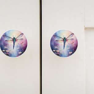 Bouton De Porte En Céramique Dragonfly with Flowers Purple Watercolor