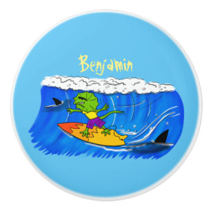 Bouton De Porte En Céramique Drôle caricature de surf de lézard au cou