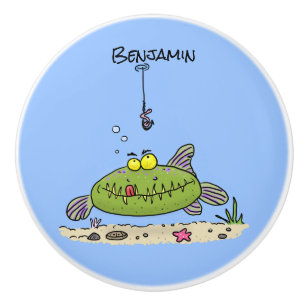 Bouton De Porte En Céramique Drôle gras affamé poisson vert dessin de pêche