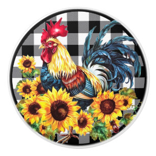 Bouton De Porte En Céramique Eau Couleur Coq Tournesol Jaune Noir Plaid