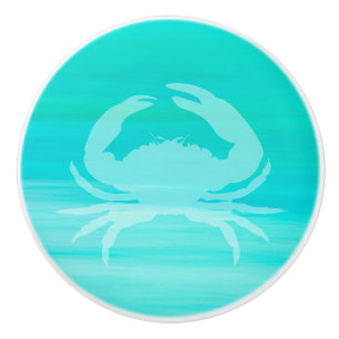 Bouton De Porte En Céramique Eau de mer turquoise aquamarine avec crabe