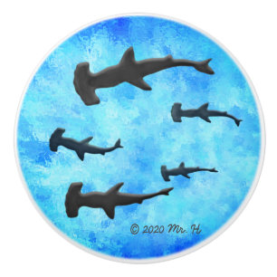 Bouton De Porte En Céramique École des requins de Hammerhead à Silhouette