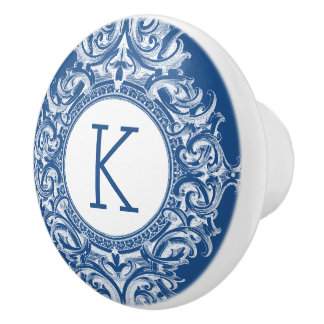 Bouton De Porte En Céramique Elégant blanc et bleu marine ornement floral