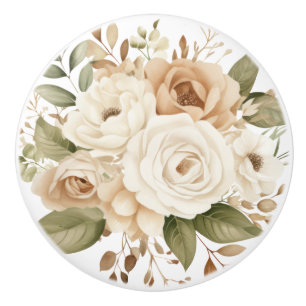 Bouton De Porte En Céramique Élégant Bouton en Céramique Fleurs Beige Marron