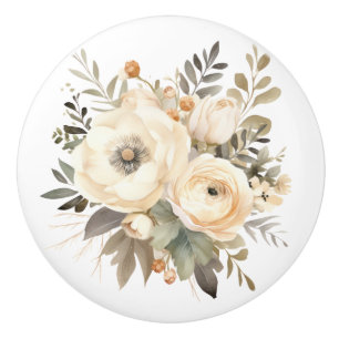 Bouton De Porte En Céramique Élégant Bouton en Céramique Fleurs Beige Marron