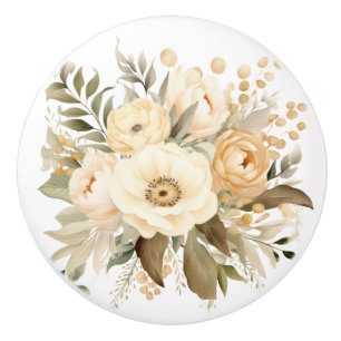 Bouton De Porte En Céramique Élégant Bouton en Céramique Fleurs Beige Marron