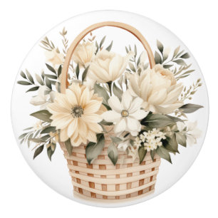 Bouton De Porte En Céramique Élégant Bouton en Céramique Fleurs Beige Marron